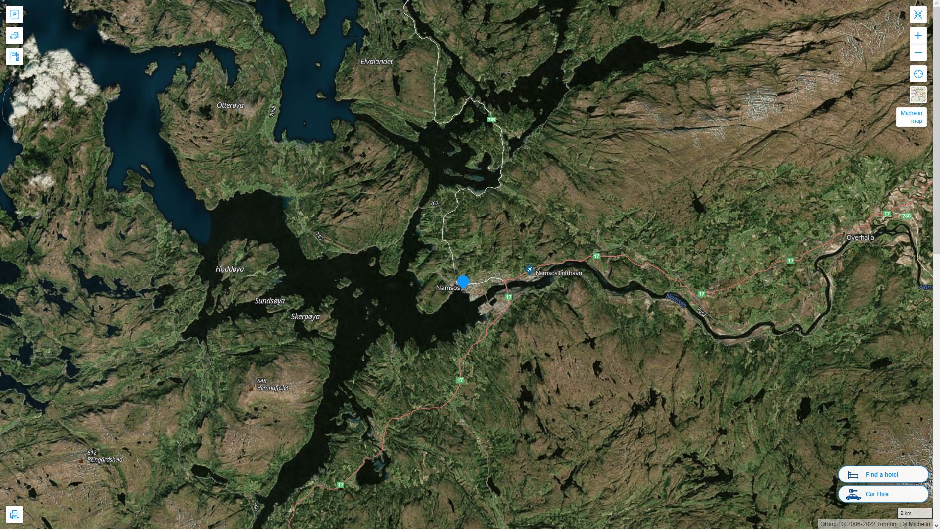 Namsos Norvege Autoroute et carte routiere avec vue satellite